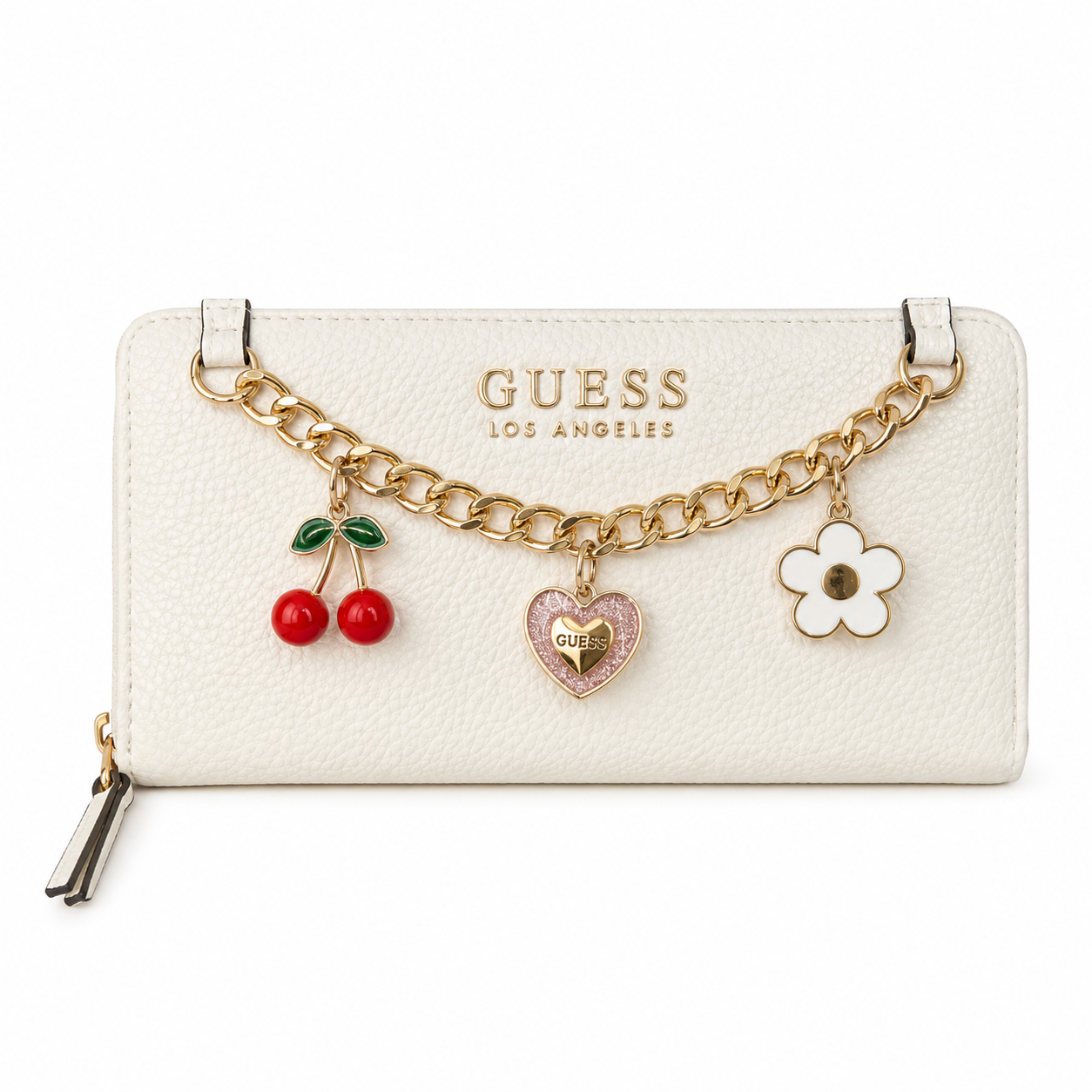 Monedero Guess Blanca con Cadena y Dijes Decorativos